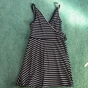 blue and white stripped dress